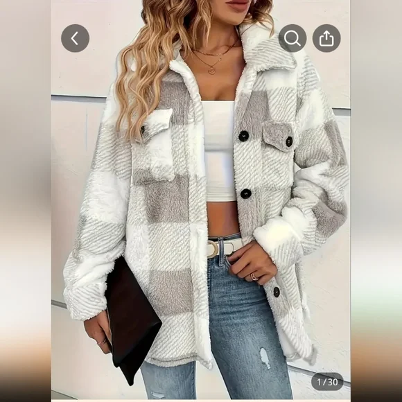 Buffalo Plaid Button Up Teddy Shacket Gray & White Checkered NWT - Picture 1 of 6